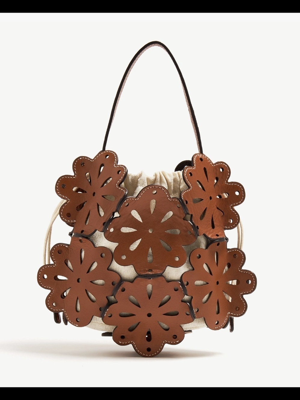STAUD Brown Leather Floral Cutout Basket Bag